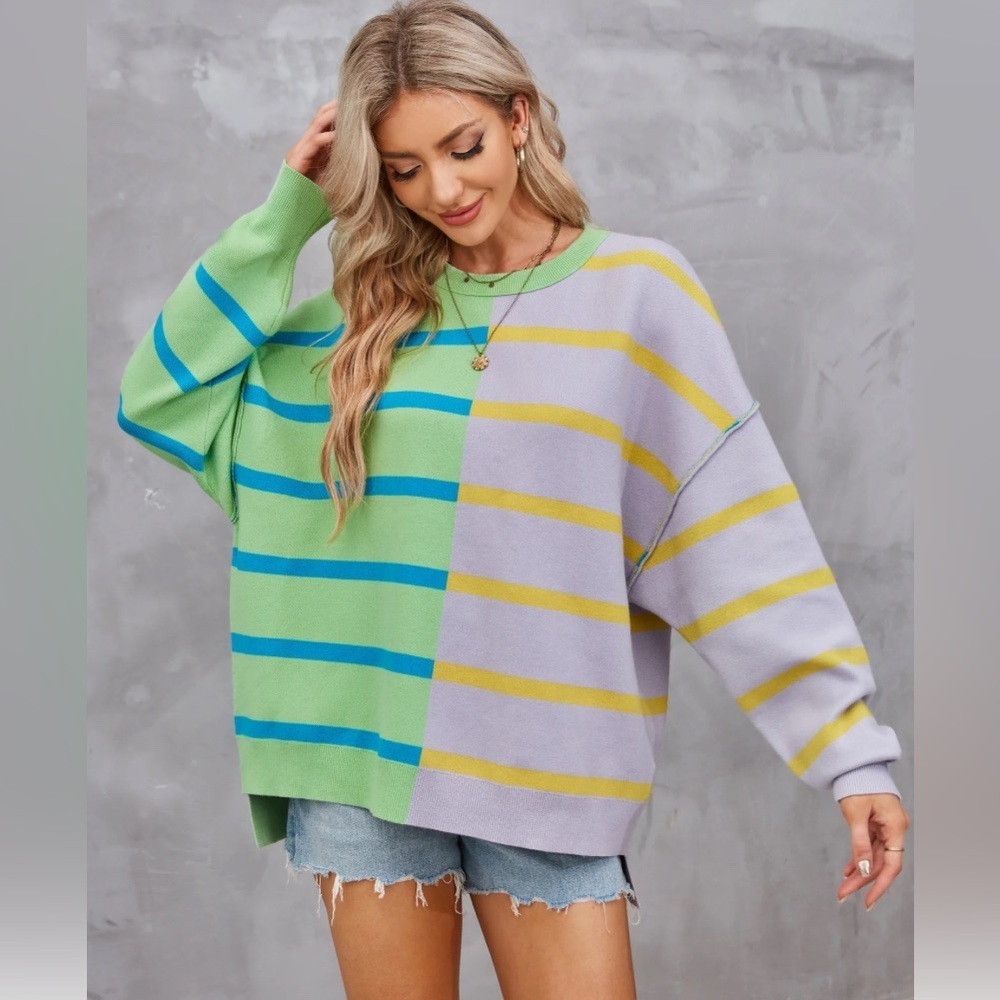 MEROKEETY NWT long sleeve color block striped oversized sweater L